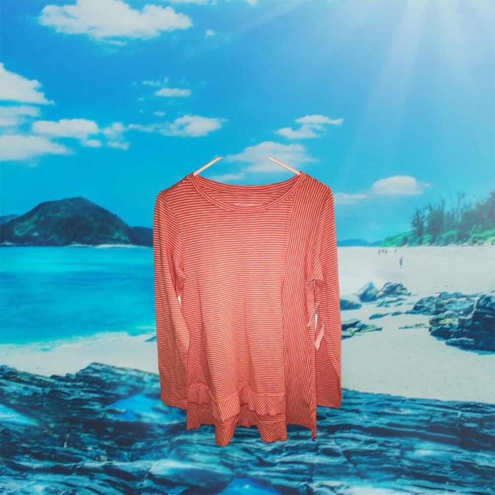 Soft Surroundings Sz Small Cora Pima TShirt Orange White Stripe L Sleeve Top Tee
